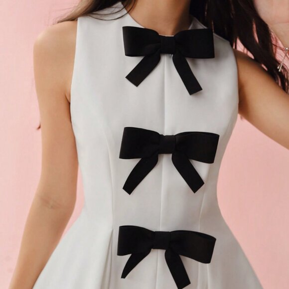 White Elegant Women's Bow Decor Waist Cinched Sleeveless Mini Dress - Picture 5 of 7